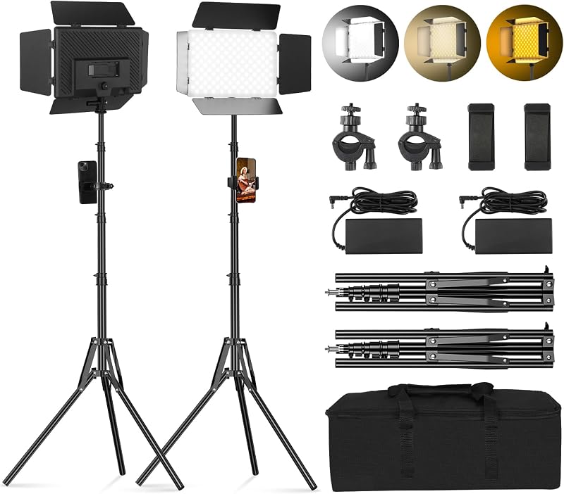 Soonpho LED Videó Világítás Szett - 2db 20W Állítható Fénypanel 2800-6500K, 1,6m Állvánnyal és Telefontartóval, YouTube Videózáshoz, Stúdióf
