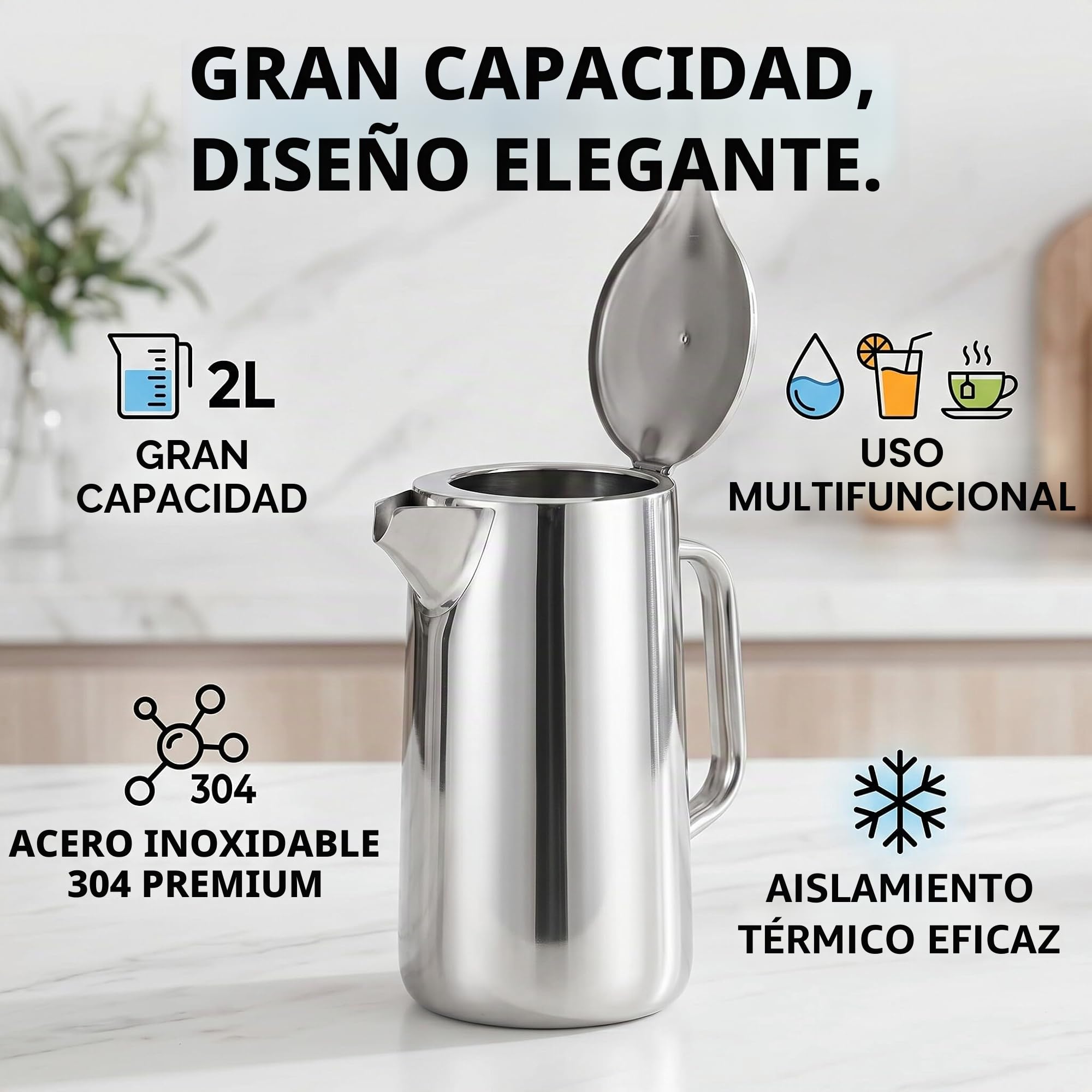 Jarra de Acero Inoxidable con Tapa 2 Litros Asa Ergonómica para Agua Fría e Infusiones Ideal para Jugos y Bebidas Frías