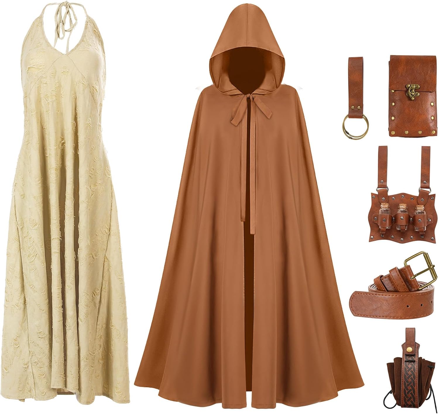 Renaissance Costume Women Medieval Dress Hooded Cloak Leather Accessories Ren Faire Post Apocalyptic Outfit for Halloween