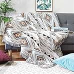 Lqprom Boho Throw Blankets Knit Bed Blankets with Tassel Aztec Western Throws Cover Farmhouse Decor for All Season Sofa Couch Chair Outdoor Camping Picnic Tent Beach Car Traveling 51