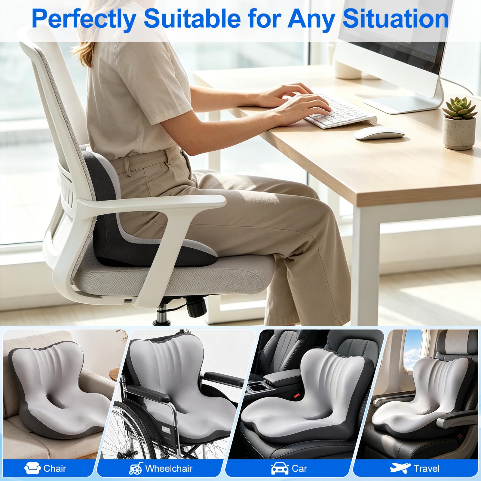 Cojín ortopédico con respaldo de espuma viscoelástica, cojín ergonómico de apoyo para la espalda, cojín para coxis con cavidad para silla de oficina, asiento de coche y silla de ruedas