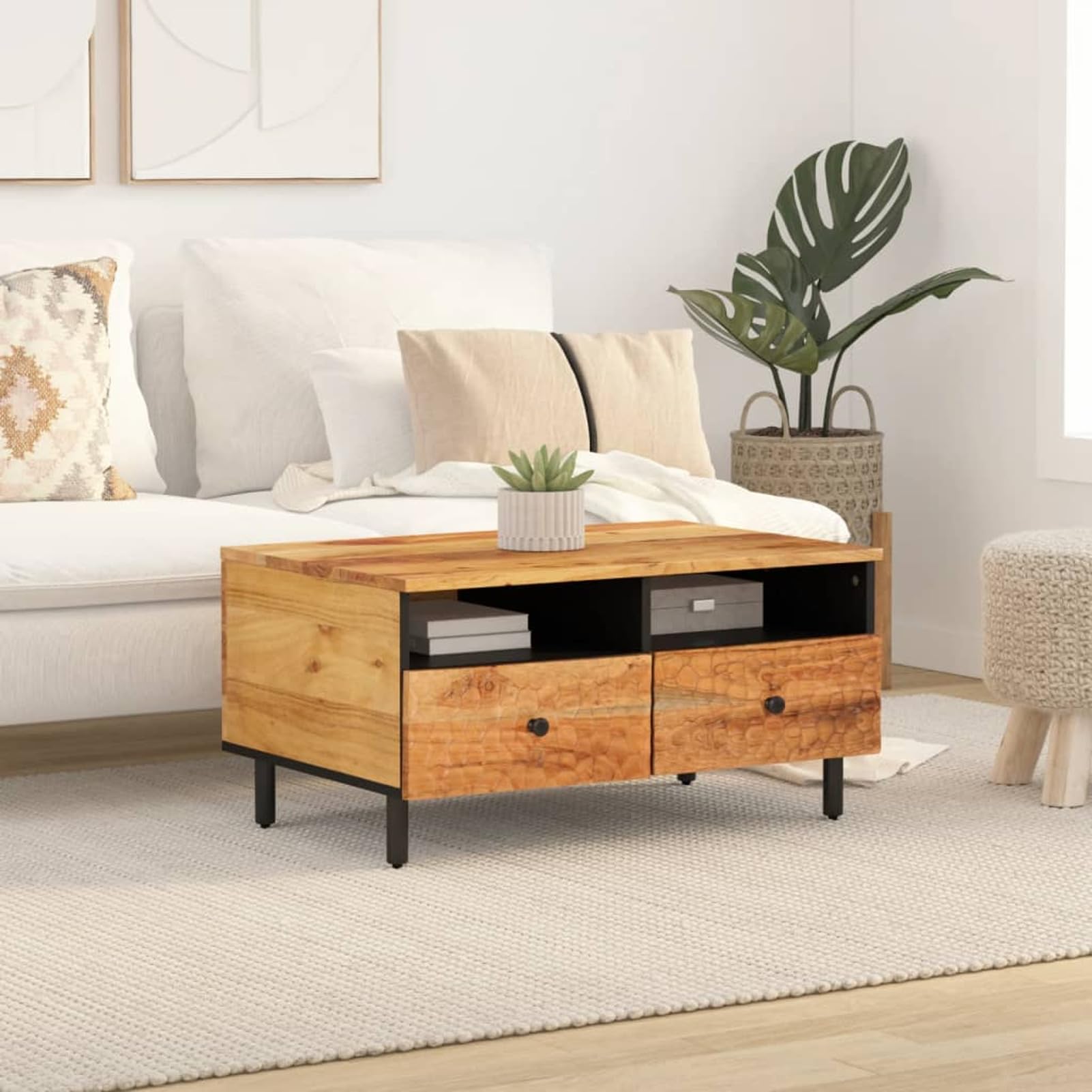 Homgoday Table basse 80 x 54 x 40 cm en bois d'acacia massif, table d'appoint pour salon, salle de réception d'invités, chambre à coucher et mobilier de bureau