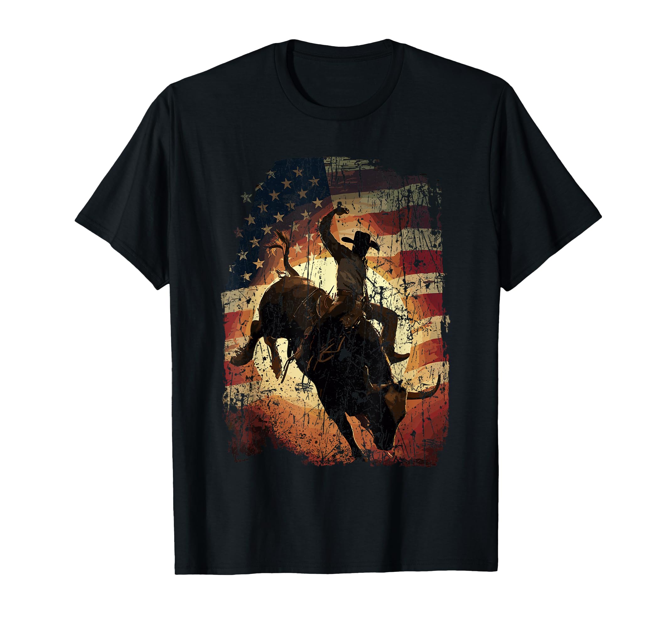Rodeo Rider Bull Patriotic Cowboy USA Flag T-Shirt