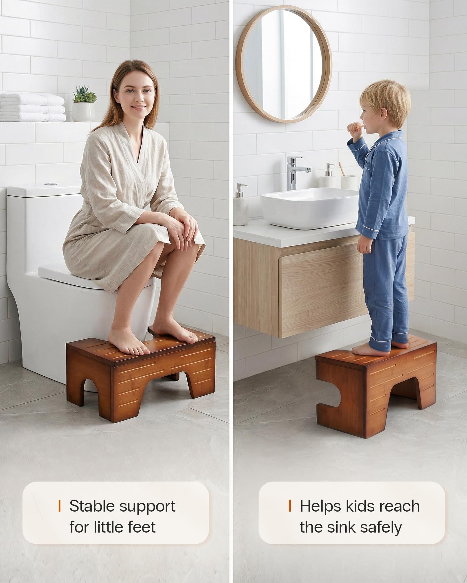 StrongTek Klappbarer Toilettenhocker aus Bambus, höhenverstellbar 18/23 cm, Toilettenhocker für Erwachsene, ergonomische Toilettenhaltung, Rutschfester Badezimmerhocker, faltbar, Rotbraun