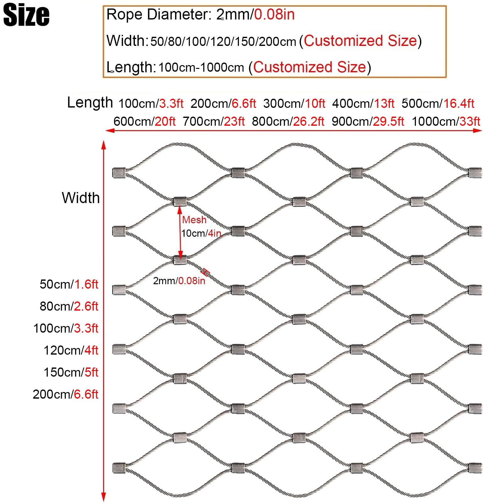 Malla de alambre de acero inoxidable resistente, malla flexible para barrera de animales y valla de jardín (200 cm x 600 cm) y protección segura
