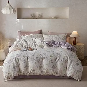 VM VOUGEMARKET Purple Floral Duvet Cover Set Queen Size,Soft Lyocell & Cotton Bedding Set,Breathable & Cool Comforter Cover for Hot Sleeper(3pcs,90x90 Inch)
