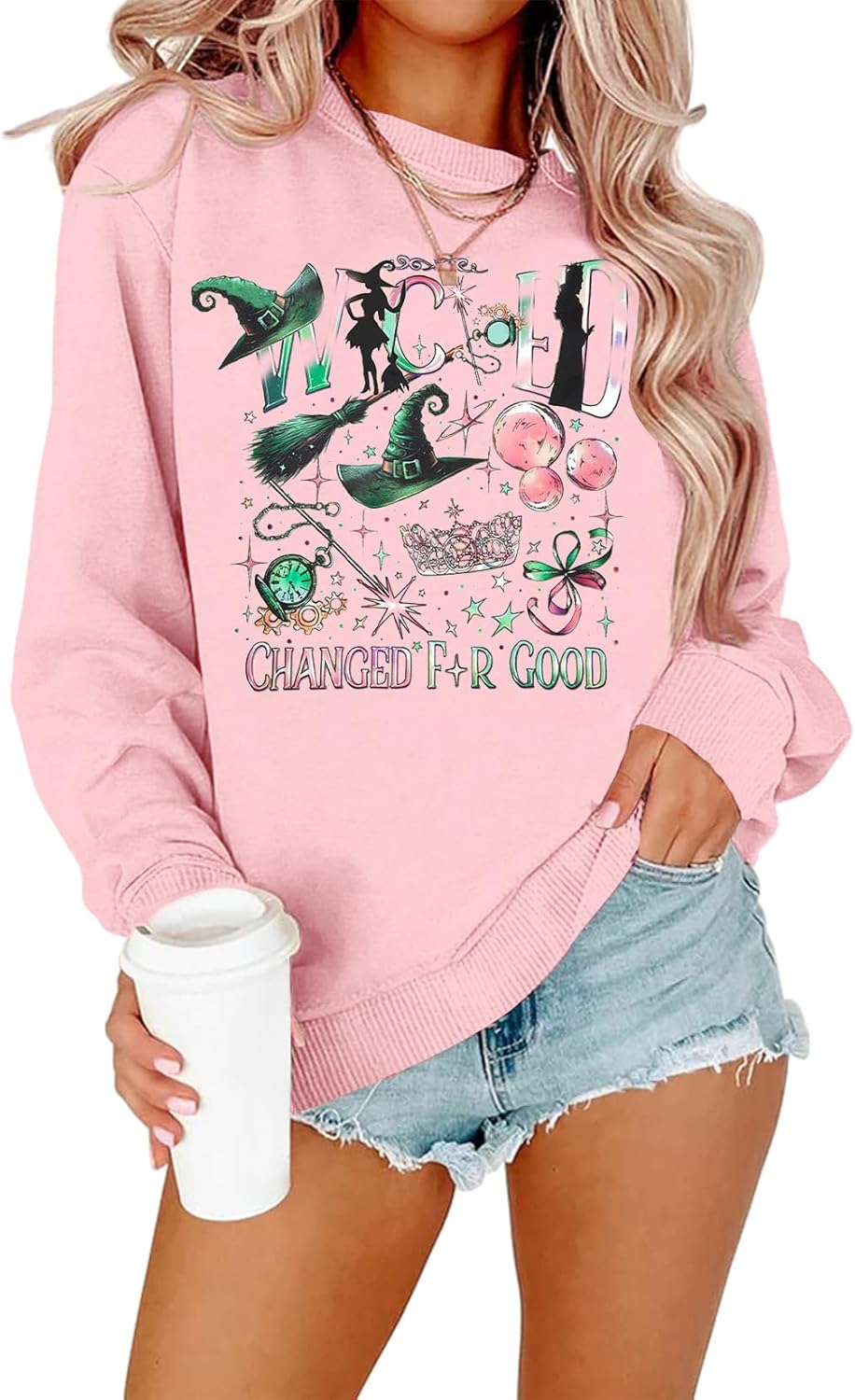 Musical Sweatshirt Women Changed for Good Musical Movie Fan Gifts Tee Witch Princess Graphic Long Sleeve Tops Pink X-Large