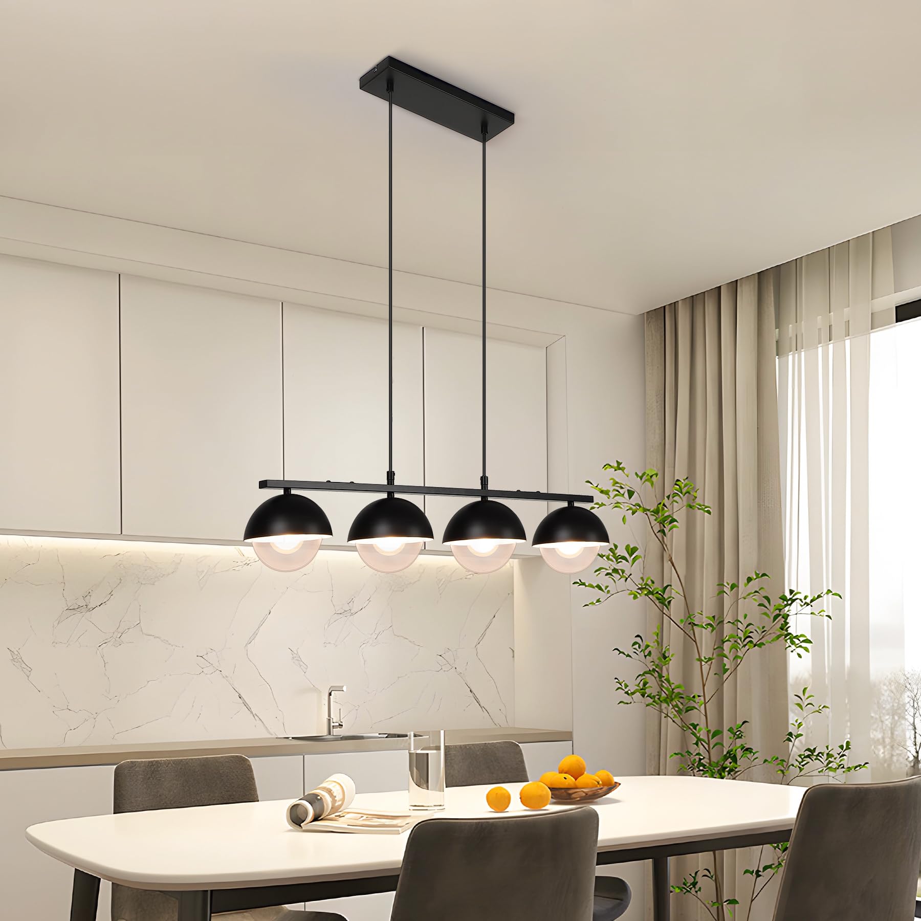 GarveeHome Industrieller Stil – 4-flammige Pendelleuchte – Schwarzes Metall, weiße & klare Glasschirme – Höhenverstellbar – G9 Fassungen – Ohne Leuchtmittel –4xG9, Ø120mm, 300x100xH25mm