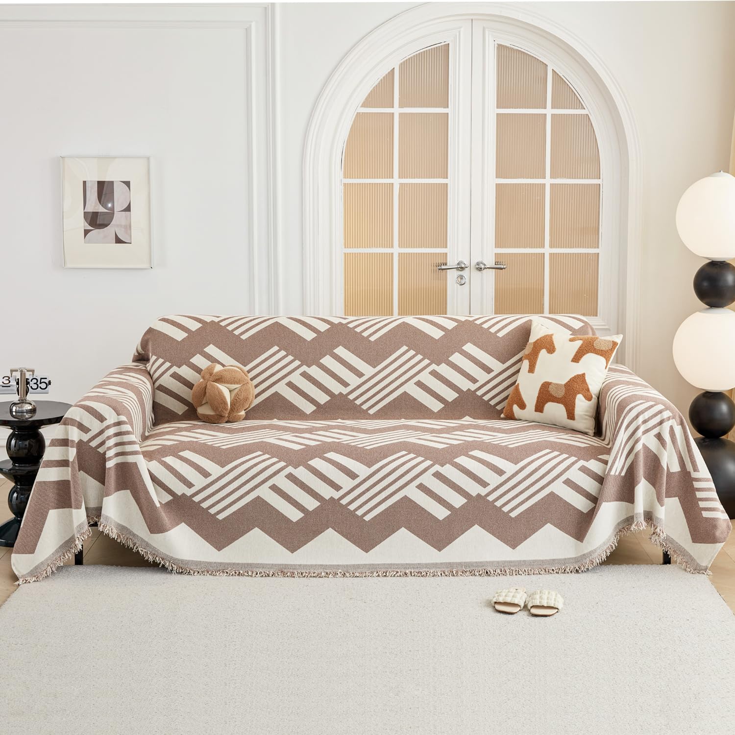 EVENHUG Couch Cover Boho Sofa Covers Washable Chenille Sectional Couch Covers Blanket Khaki Beige Sofa Slipcovers Loveseat Futon L Shaped Couch Cushion Covers for Pet Dogs,Kids,71"X118"