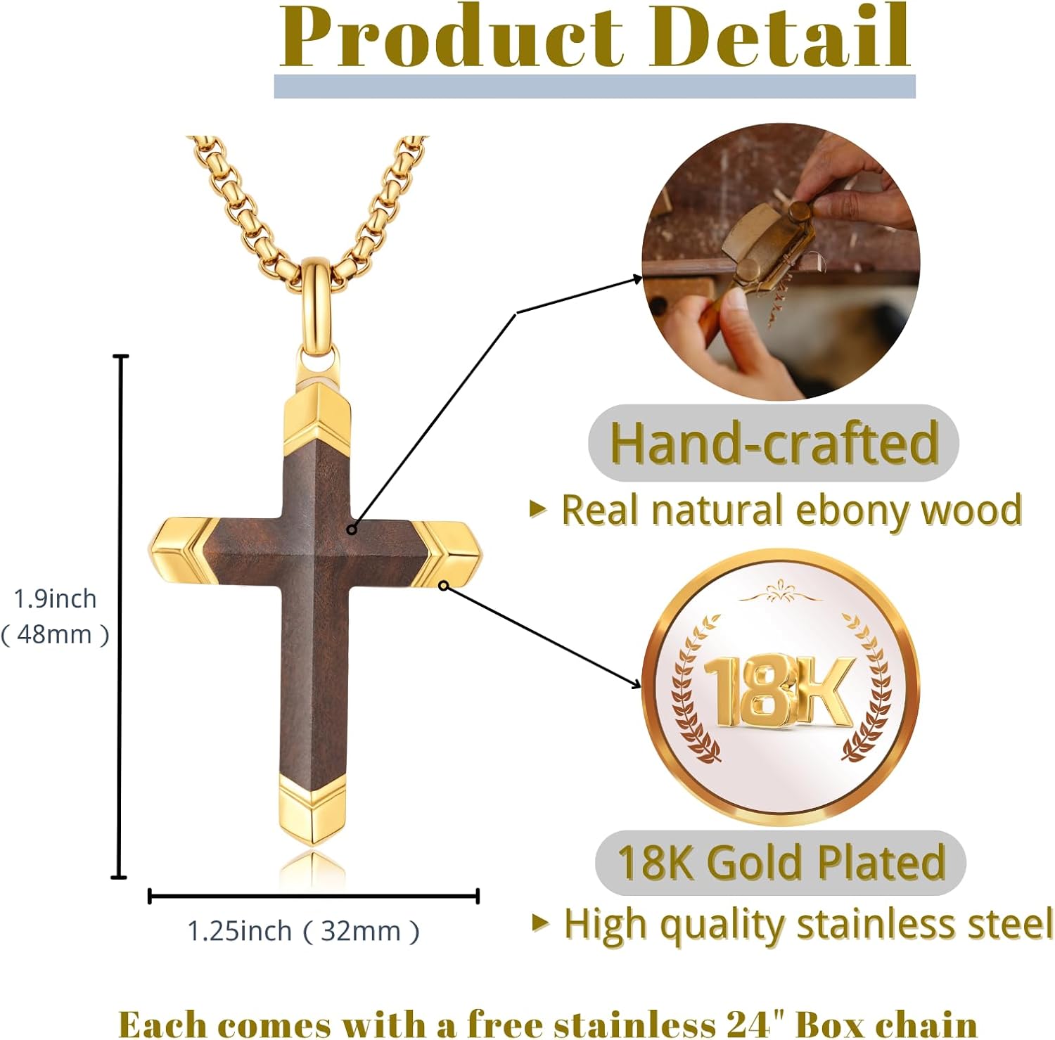 Wooden Cross Necklace for Men, 18K Gold Plated Stainless Steel Mens Cross Necklaces Hand Inlaid Real Ebony, Christian Black Wood Crucifix Pendant 24" Box Chain - Image 2