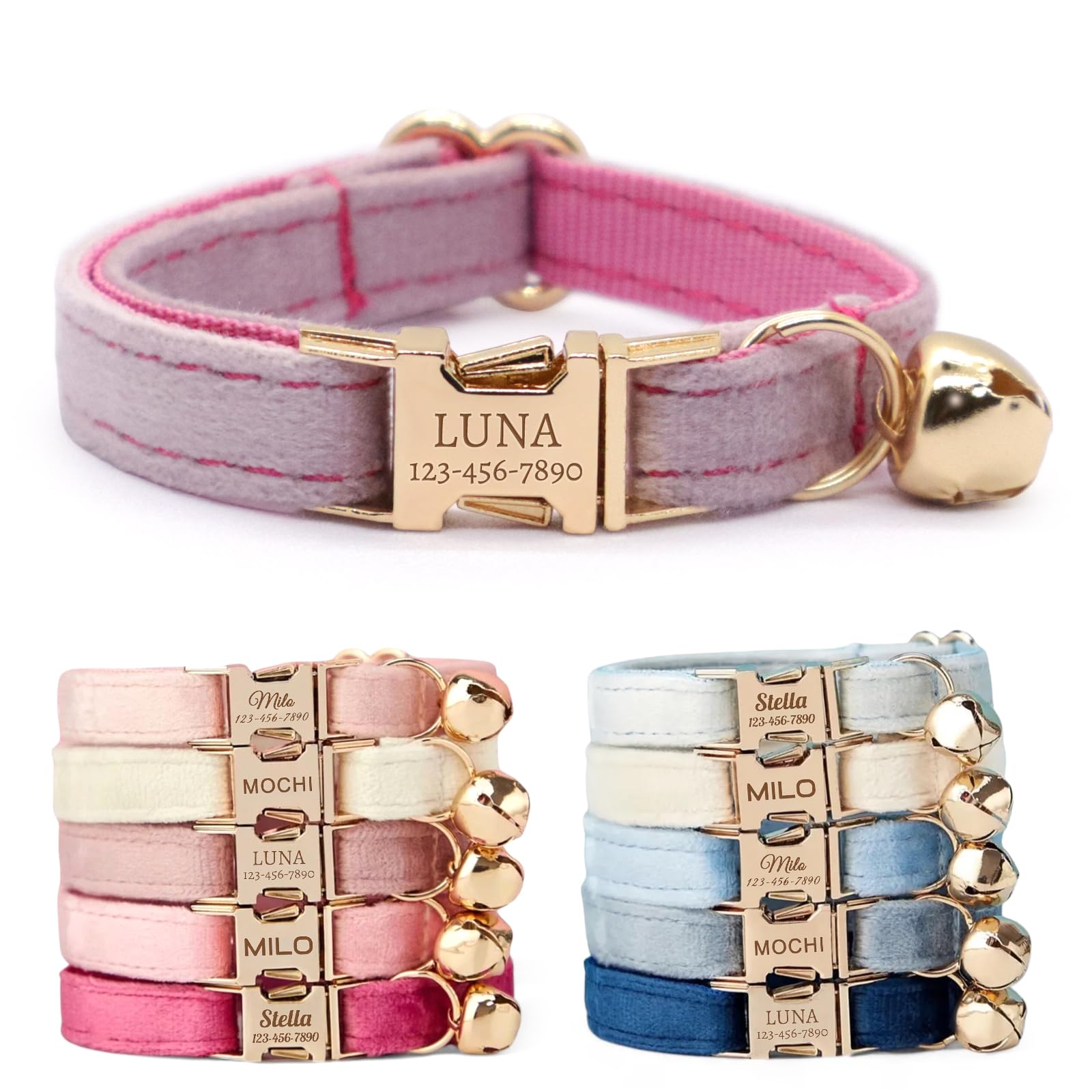 CHRYMPETIC Non-Breakaway Velvet Personalised Cat Collar with Name - Customisable Collar with Bell & Bow Tie Available (Thistle)