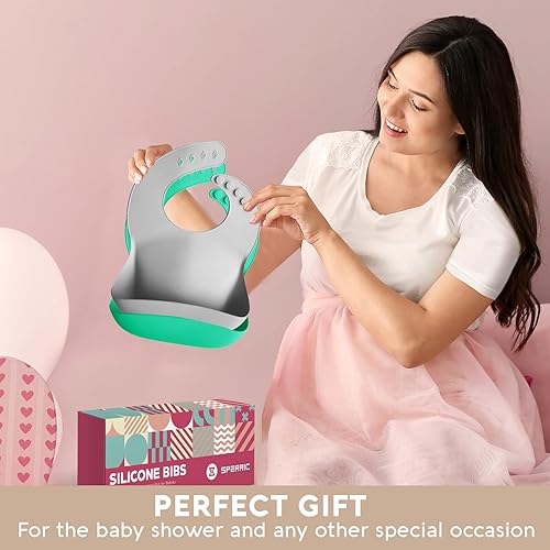 Miniatura 5 de Sperric Baberos de silicona para bebé, babero de silicona suave con atrapasador de alimentos y material impermeable, ajuste ajustable para bebés y