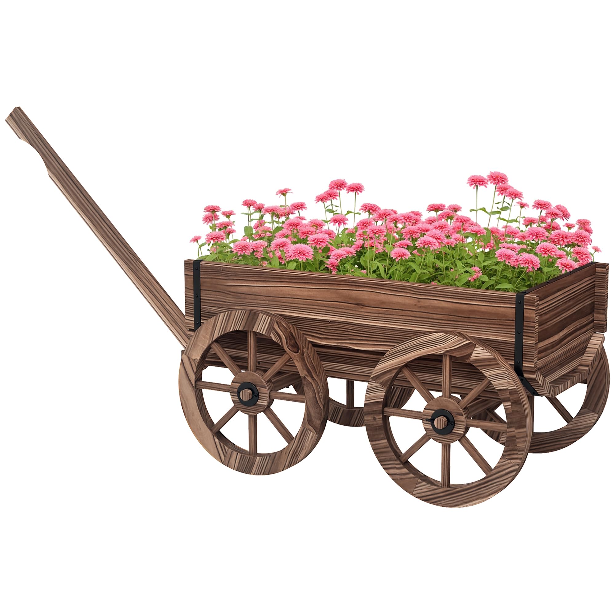 Outsunny Jardinera de Madera Exterior Carrito 120x41x54 cm Carbonizado | Macetero en Forma de Carrito, 4 Ruedas, Mango, para Balcón Jardín Patio