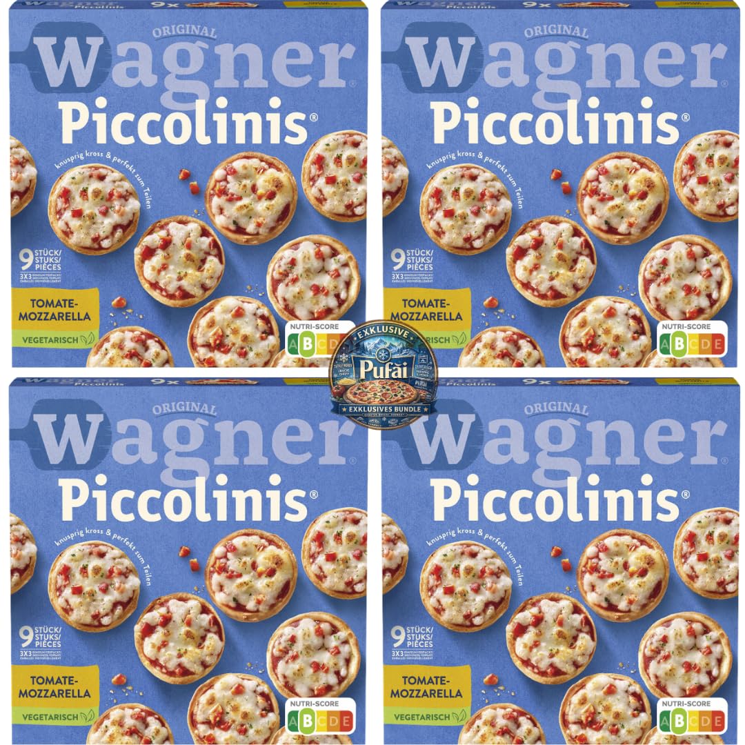 PUFAI Bundle – Piccolinis Tomate Mozzarella 270g x4 – Mini Steinofenpizza, Tomate & Mozzarella, Snackpizza, Tiefgekühlt