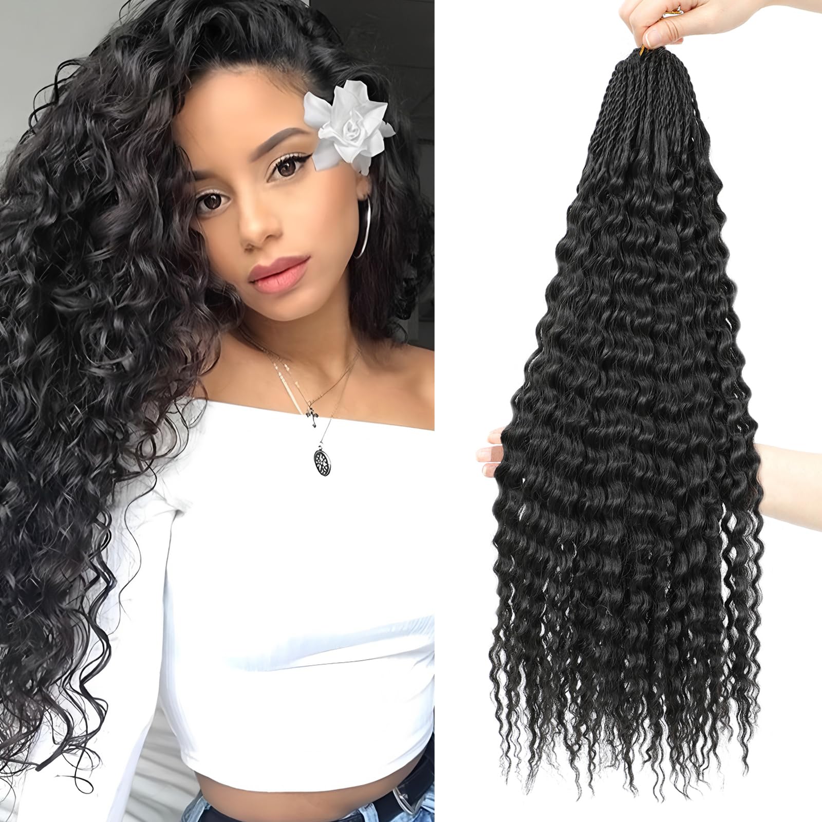 Auxemuen Wave 8Packs Curly Hair Braid Crochet 22Inch Pre-Looped Deep Soft Synthetic Bohemian Curly Water Crochet Braids for Women (1B)