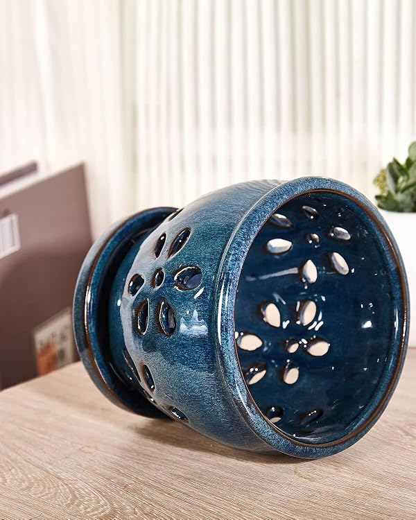 vensovo 5 Inch Ceramic Orchid Pots with Holes and Saucers - 1 Pcs Small Succulent Pot for Repotting, Garden Flowerpots for Plants Indoor and Outdoor Promotes Air Circulation, Blue by vensovo - Image 5