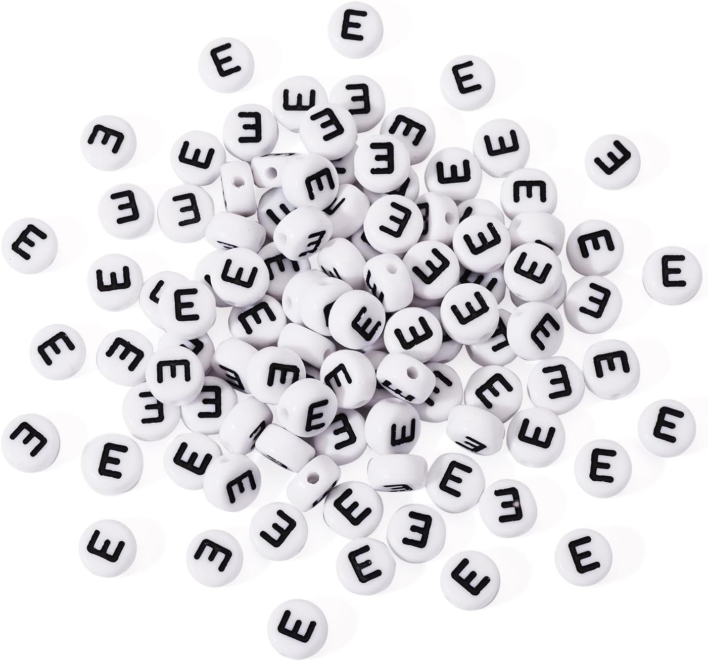 Pandahall 100Pcs Vowel Letter Beads 7x4mm White Flat Round with Letter E Acrylic Beads for Jewelry Making