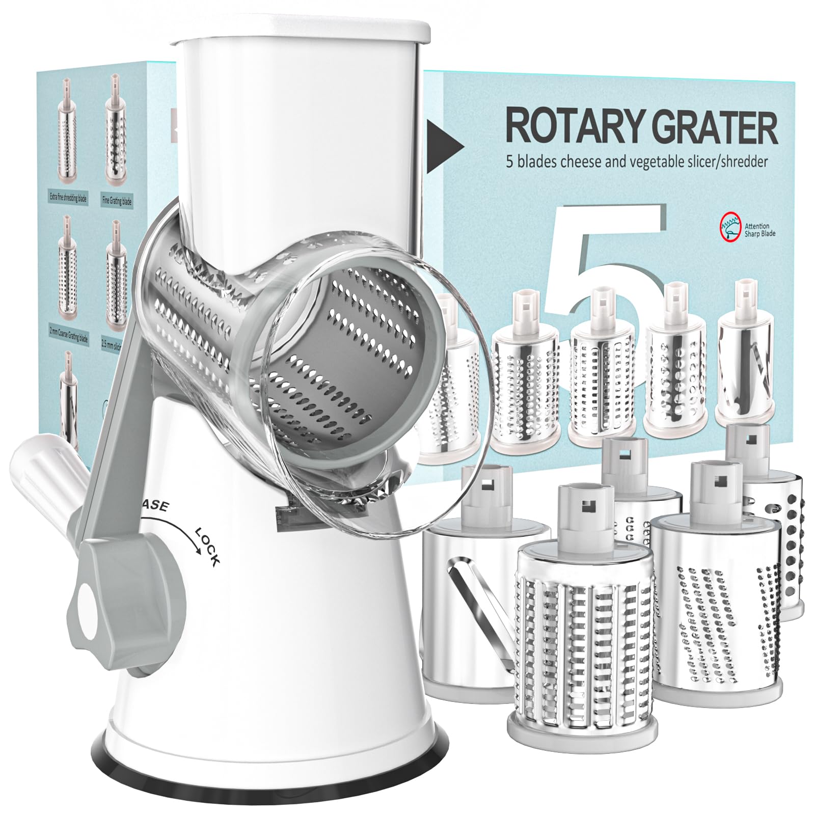 Cambom 5 in 1 Rotary Cheese Grater Hand Crank Cheese Shredder for Fresh Cheese, Vegetable, Nuts,Non-slip Suction Base, Five Blades, White