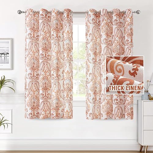 H.VERSAILTEX Linen Curtains Damask Floral Natural Linen Blended Curtain for Living Room 63 Inch Length Drapes Vintage Floral Pattern Privacy Added Light Filtering Mid-century Style 2 Panels, Terry Red