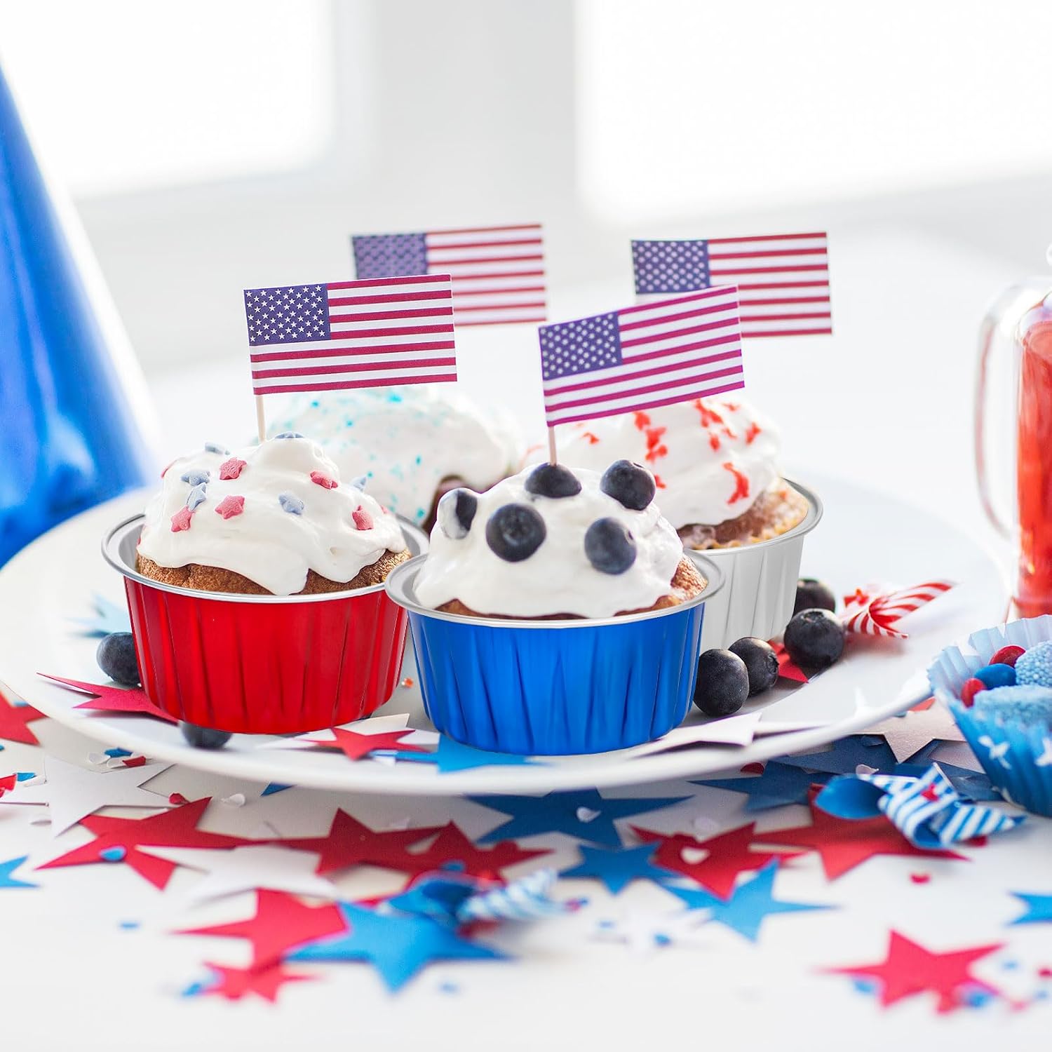 FYSUIMU 60 Pcs Patriotic 4th of July Cupcake Baking Cups with Lids Red Blue Silver Aluminum Foil Disposable Ramekins Tins for Independence Day Memorial Day 250th Anniversary Party Dessert Containers