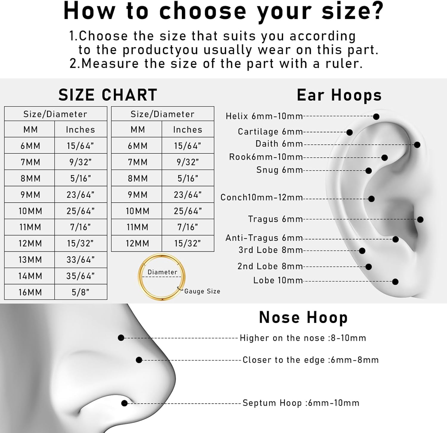 Meafeng 3PCS Nose Rings Hoops, 18G 316L Surgical Steel Gold Double Hoop Nose Rings, Earring Helix Cartilage Conch Piercing Jewelry for Women Girls Men (8mm) - Image 5