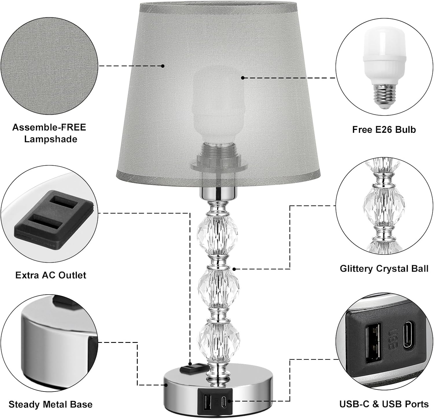 Crystal Table Lamp Set of 2 for Bedroom/Living Room, 14.6in (Gray)