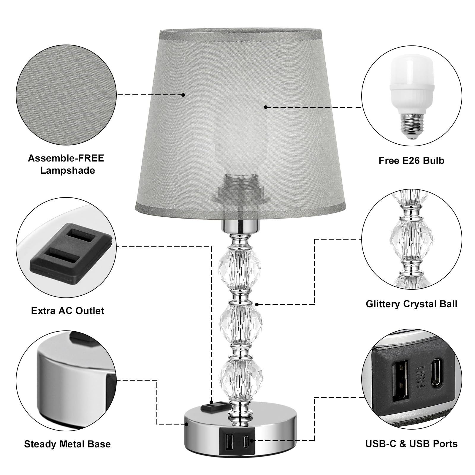 Lámparas para dormitorio, juego de 2 lámparas de mesa de cristal con puertos USB C+A y salida de CA para carga, 3 vías regulables al tacto, plateadas, lámpara de mesa auxiliar para sala de estar 7
