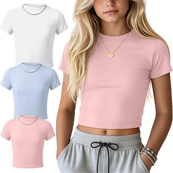 Oakgarden 3 Pack Girls Shirts Short Sleeve Tops for Kids Summer Crop Tops Clothes for Girls Mock Turtleneck Tees 5-16 Y