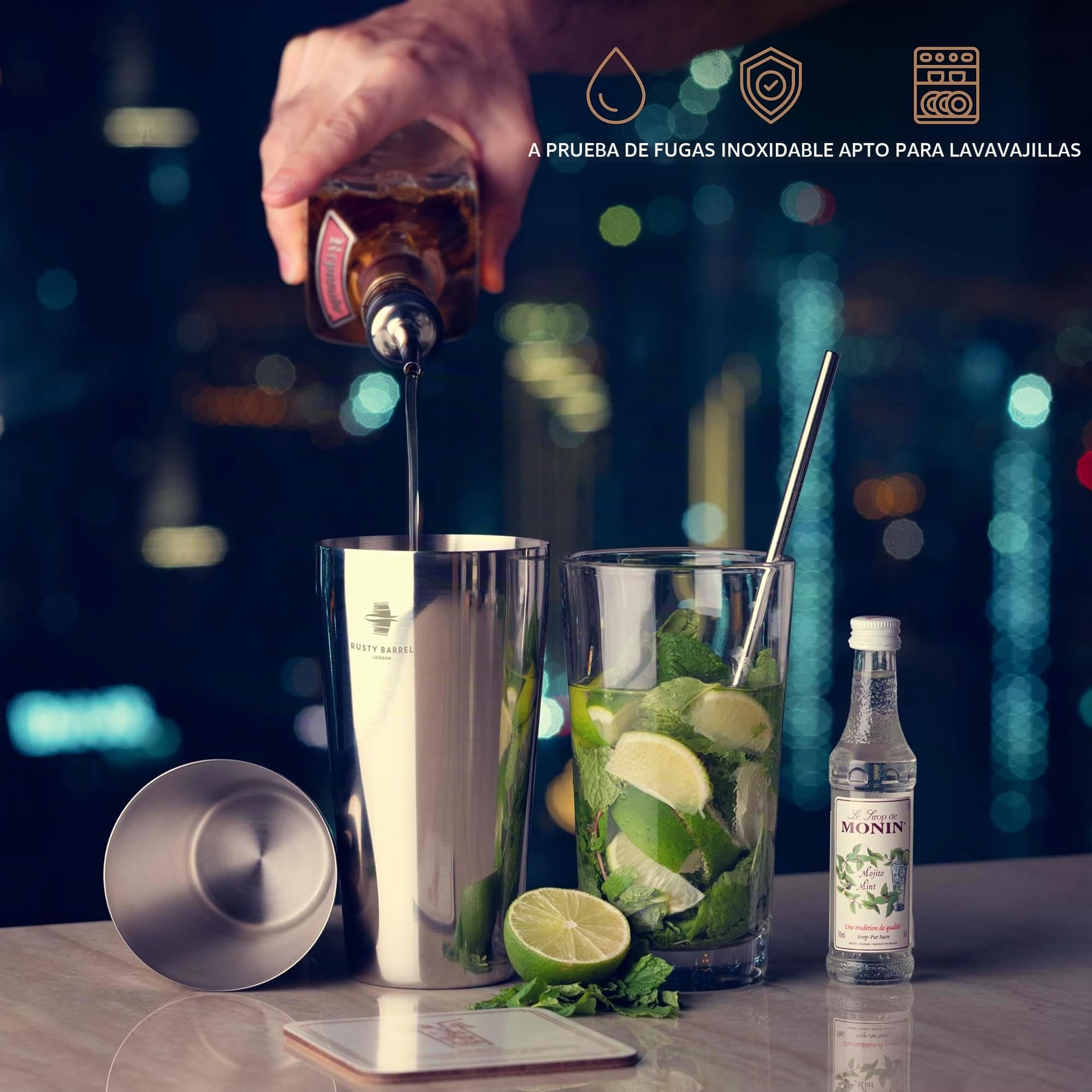Cocktail Kit Modelo Bloomsbury | Coctelera Profesional de Acero Inoxidable con Cocteleria Accesorios | Kit Cocktail, Kit de Cocteleria | Elegante Caja de Regalo, Bolsa y Libro de Recetas
