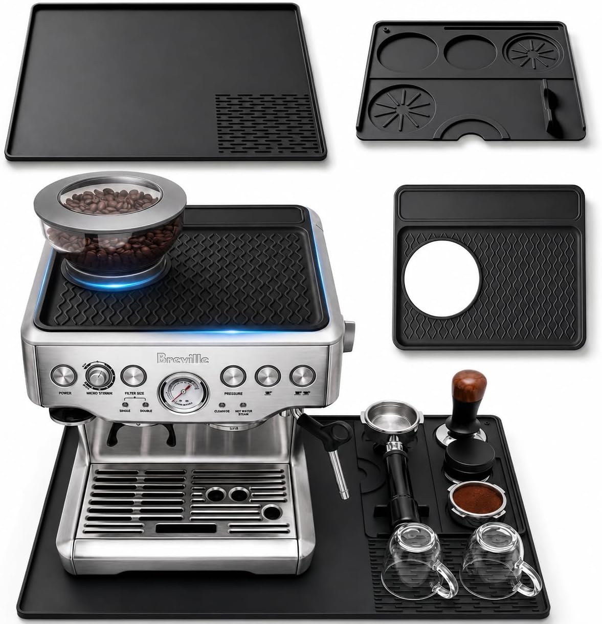 3-in-1 Silicone Mat for Breville Espresso Machine 870/880: Coffee Bar Mat + Top Mat + Tamping Mat – Food-Grade Silicone, Waterproof, Non-Slip, Heat-Resistant, Breville Espresso Machine Accessories
