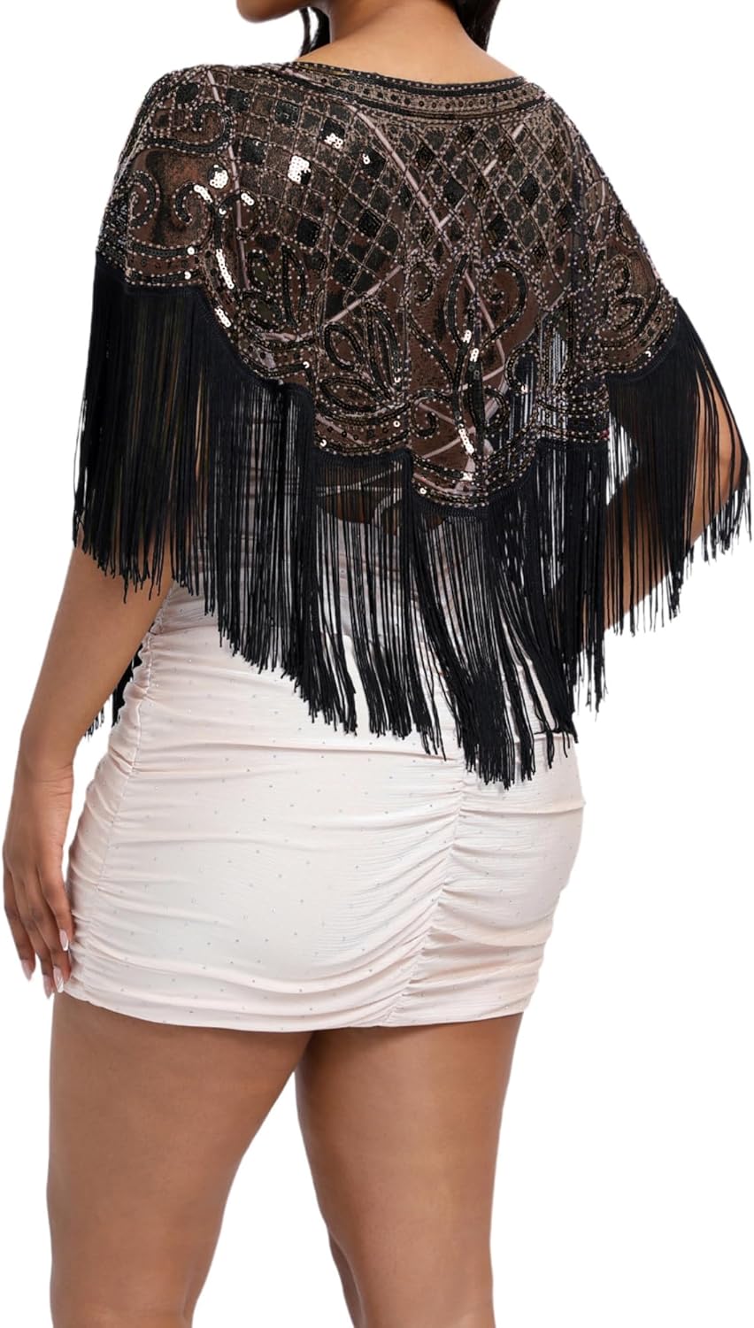 Women's 1920s Sequin Shawl Wraps Fringe Capelet Shawls Gatsby Accessories for Harlem Night - Image 4