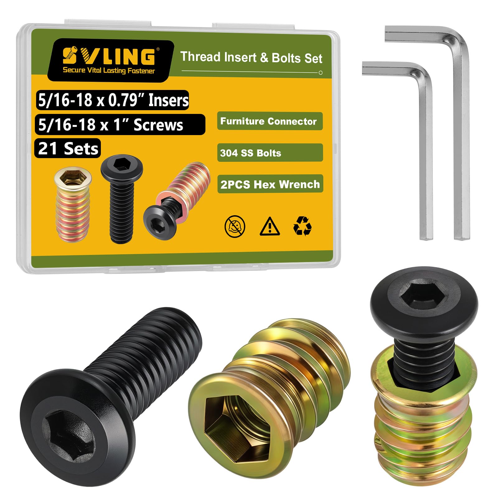 Photo 1 of SVLING Threaded Inserts and Bolts Set, 21 Sets, 5/16-18 x 20mm Threaded Inserts for Wood, 5/16-18 x 1" Furniture Screws, 5/16 Bolt Flat Head 304 Stainless Steel, Hex Socket Drive, with 2Pcs Hex Wrench