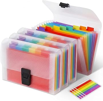4 Pack A6 Concertina File Organiser, 13 Pockets Expanding Document Folder, Multicoloured Plastic Expanding Wallet with Rainbow Index Labels