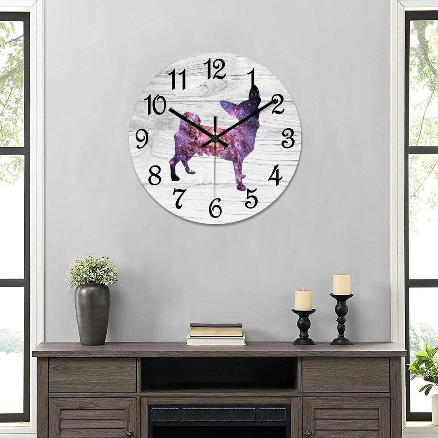 Chihuahua Wall Clock Wood Clock,Dog Silhouette Round Wooden Clock Gifts Novelty Wall Clock for Home Kitchen Living Room Office 15 X 15 Inch
