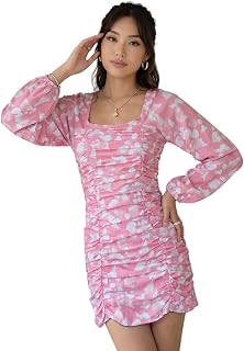 OOMPH! Women Floral Printed Ruched Bodycon Mini Dress with Puff Sleeves | Stylish Dresses for Womens | Western Mini One Pi... Price In India