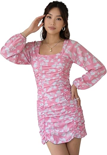 OOMPH! Women Floral Printed Ruched Bodycon Mini Dress with Puff Sleeves | Stylish Dresses for Womens | Western Mini One Pi...