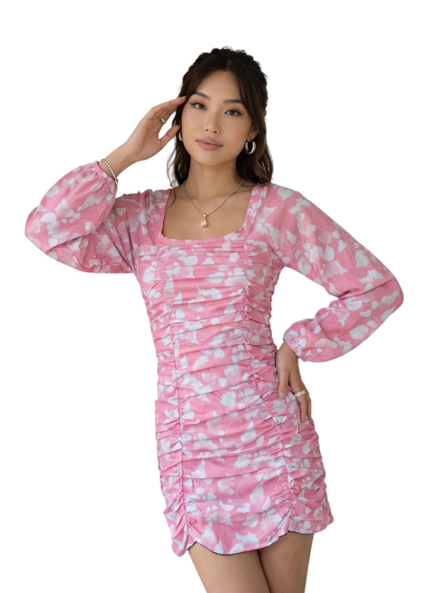 Women Floral Printed Ruched Bodycon Mini Dress with Puff Sleeves | Stylish Dresses for Womens | Western Mini One Piece for Woman | Casual Summer Dresses-image-28