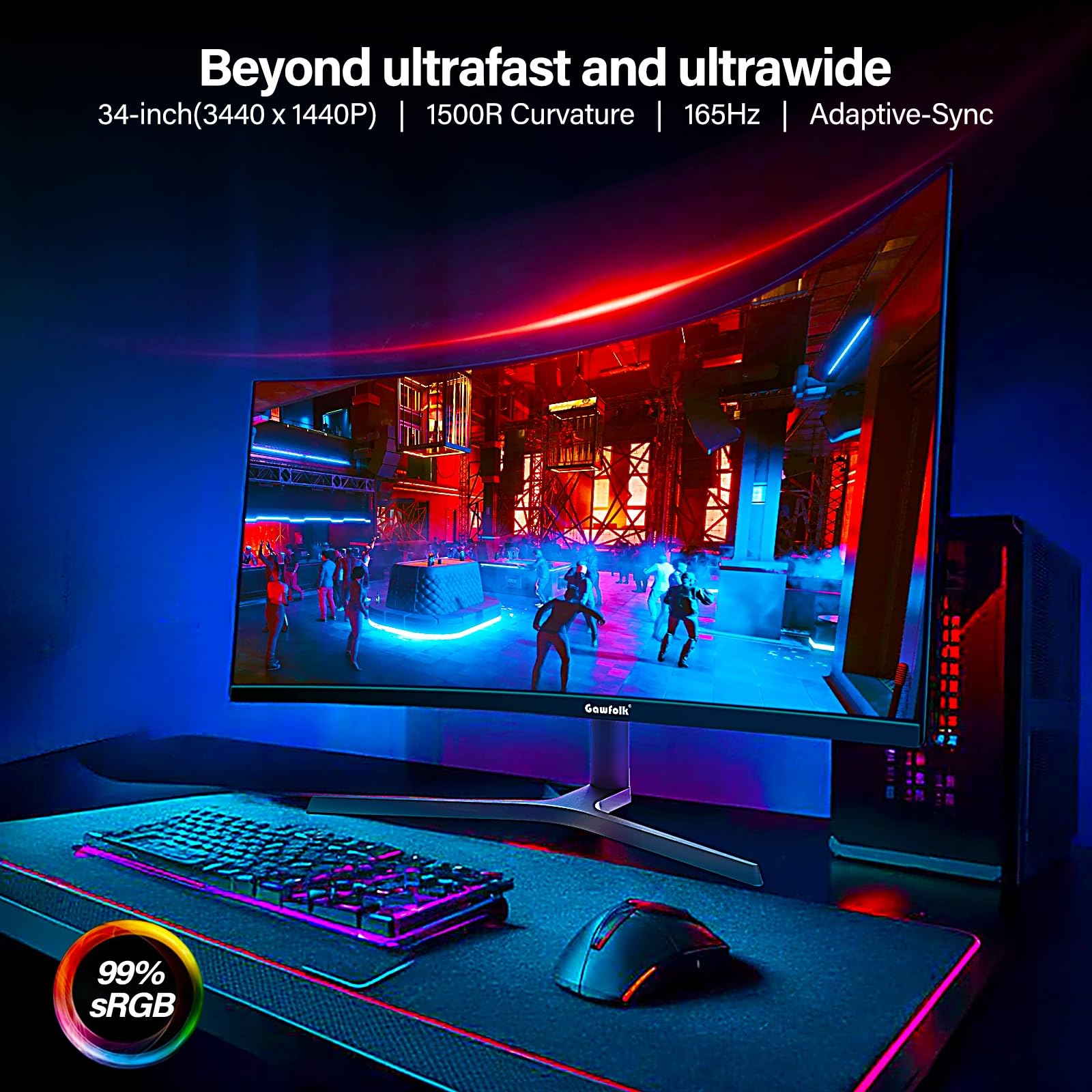 Gawfolk 34 Zoll Ultrawide Curved Gaming Monitor 165Hz, 1500R PC Bildschirm UWQHD 3440x1440 mit Höhenverstellung, Gebogenes Computerbildschirm, VA, Displayport, HDMI, unterstützt VESA 75 x 75 mm