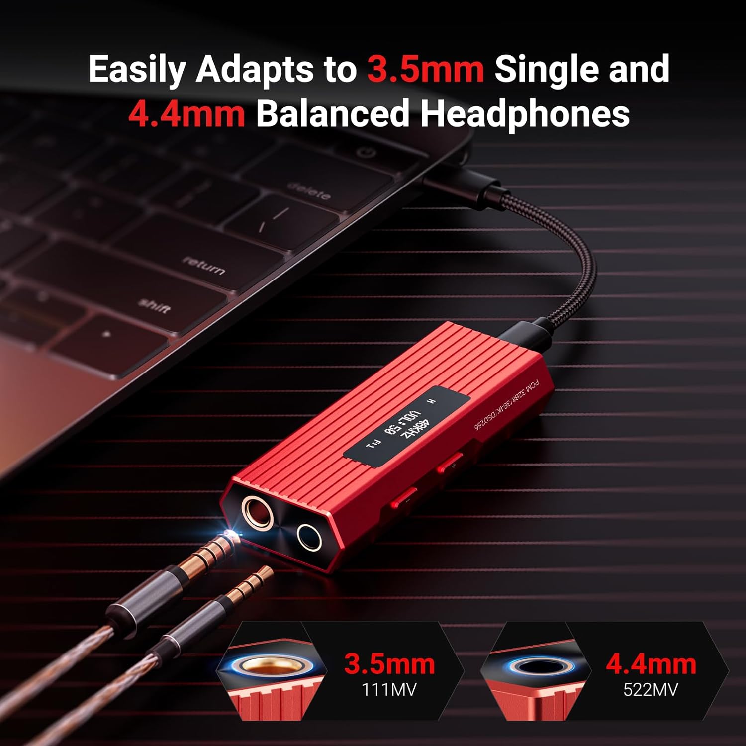 USB C DAC Headphone Amp DSD512 HiFi Mini Audio Adapter Supports 4.4MM and 3.5MM Dual Outputs PCM 384kHz/32bit Headphones Amplifier Compatible with Android/iOS System/PC/Music Players