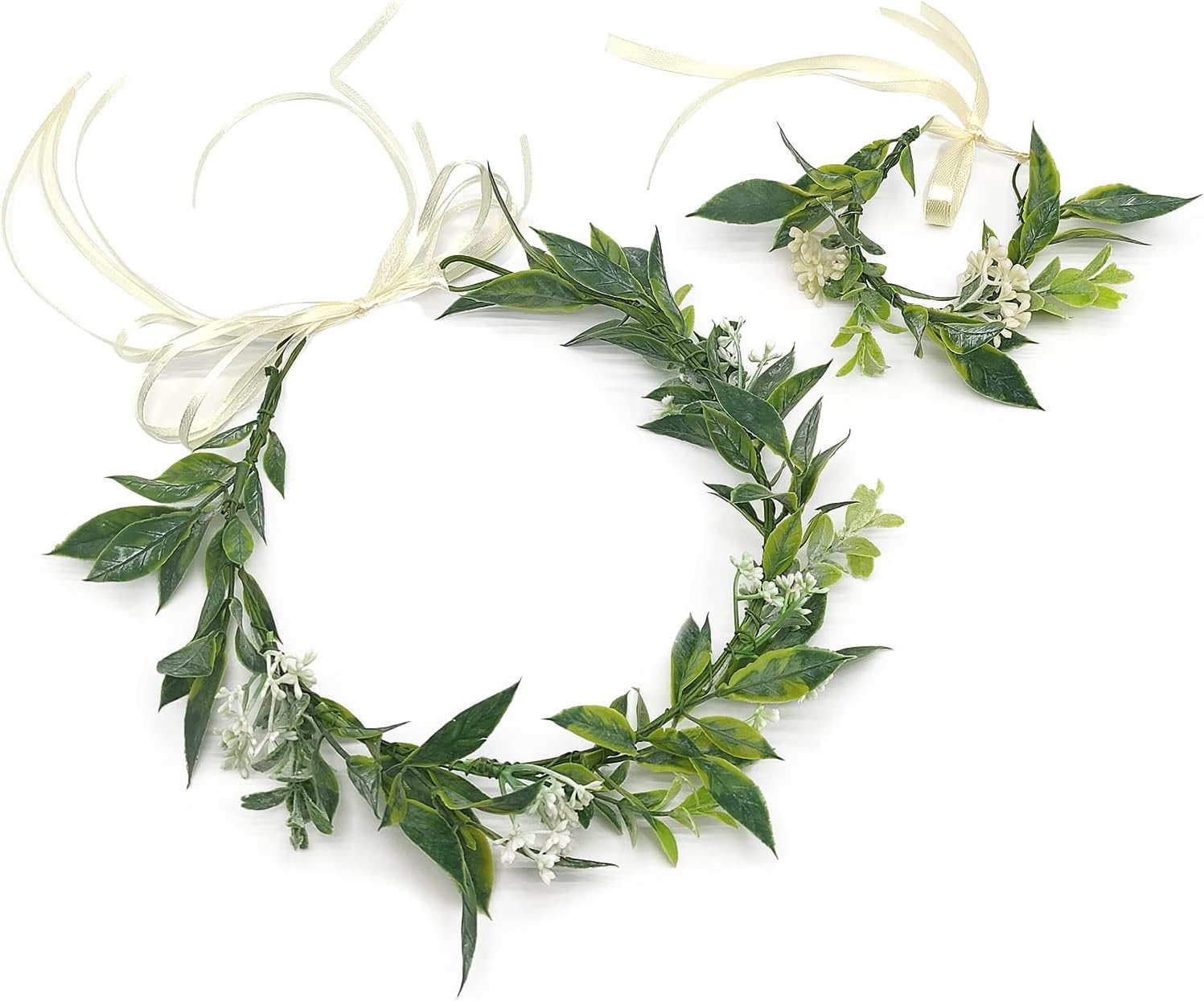 MIVAIUN Green Flower Crown and Bracelets Eucalyptus Crown Garland Headpiece with Ribbon Adjustable Wreath Leaf Floral Festival Boho Wedding Suitable for Children Women