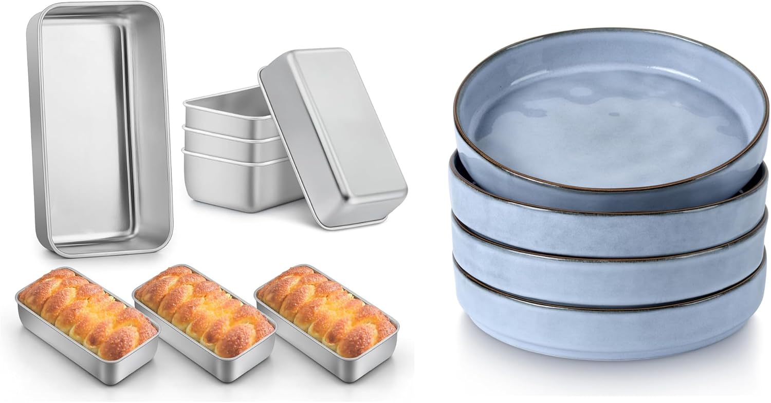 LIANYU 8 Pack 9x5 Loaf Pans for Baking Bread, Pasta Bowls Set of 4, Stainless Steel Bread Baking Pan Non Stick, 8.25'' Stoneware Ceramic Dinner Bowl Plates for Home Kitchen, Dishwasher Safe