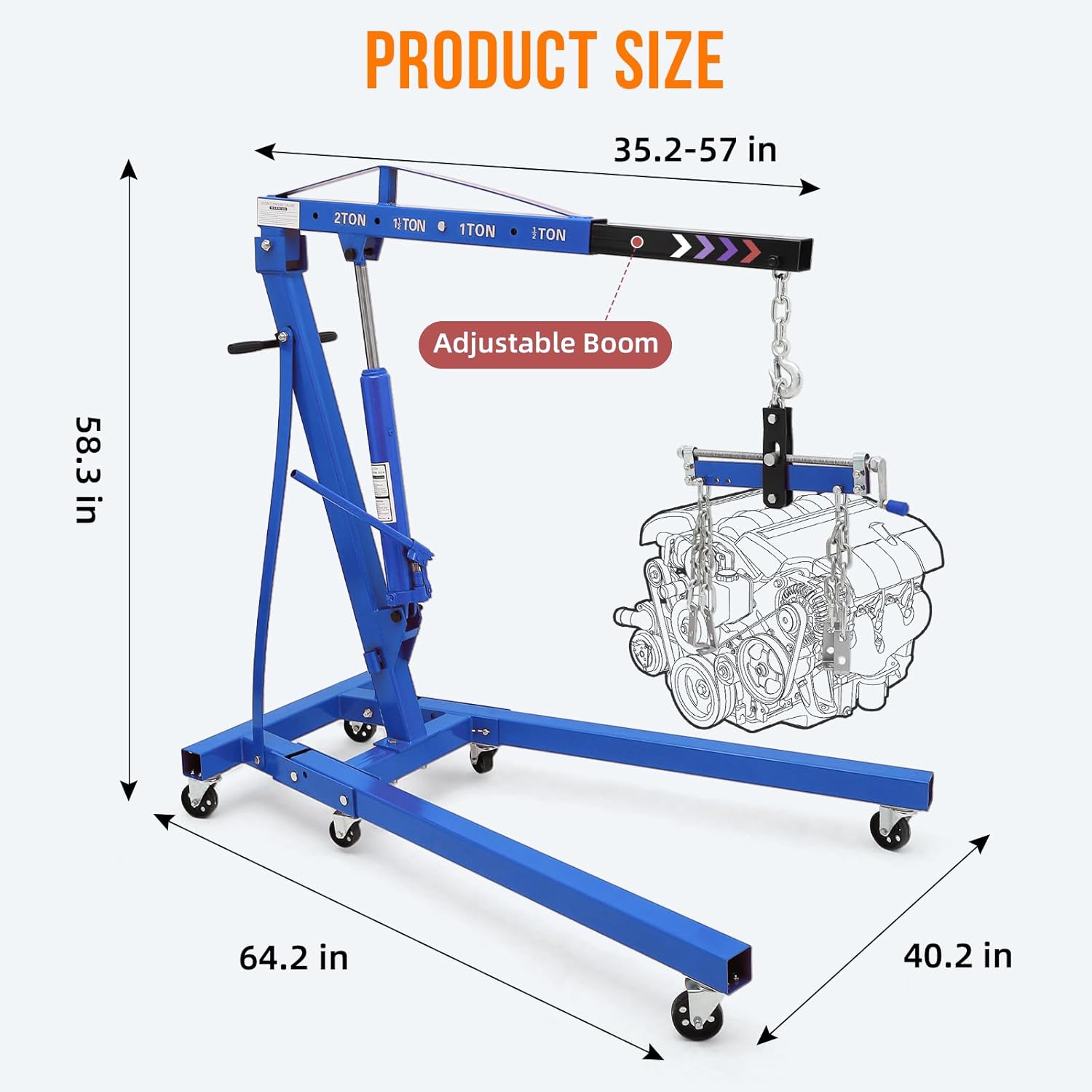 GarveeTech Engine Hoist with Lever, 2 T 4000 Lbs Heavy Duty Folding Cherry Picker Engine Lift Hydraulic Tilting Engine Shop Crane with 6 Iron Caster Wheels Telescopic Boom Hitch, Blue