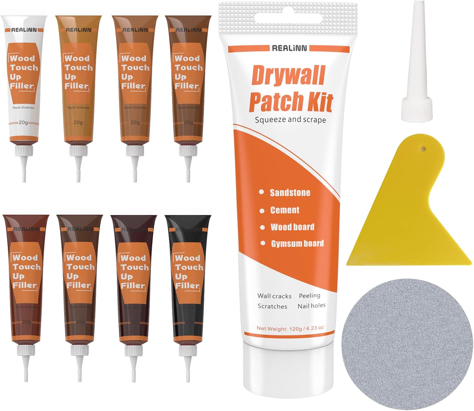 REALINN Wood Furniture Repair Kit - Touch Up Fillers with Wood Putty Repair Paste - Repair Scratch, Crack, Chip, Hole for Wooden Door, Floor, Table, Cabinet- Restore Any Wood, Cherry, Walnut, Maple