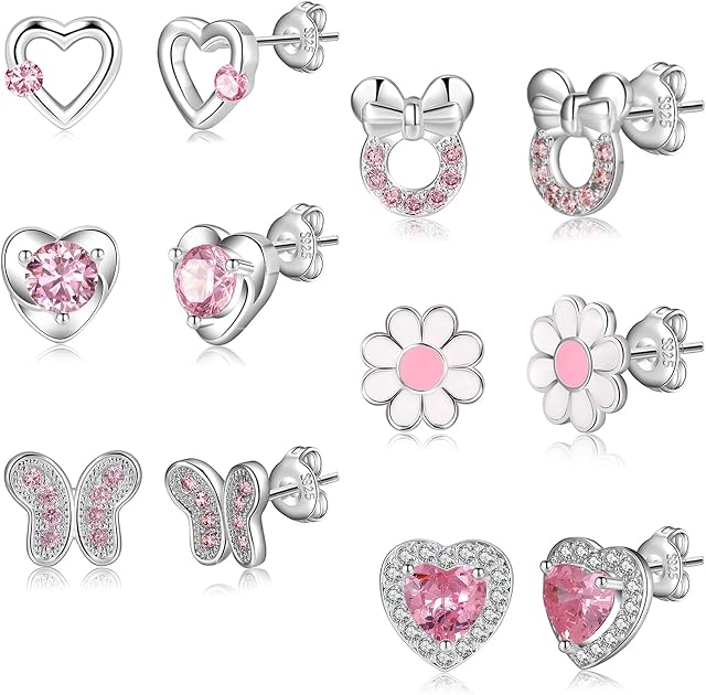 6-8Pairs 925 Sterling Silver Earrings for Girls Women Hypoallergenic Earrings Tiny Heart Hoop Earrings CZ Ball Butterfly Daisy Stud Sets for Teen Kids Toddler Pink Silver