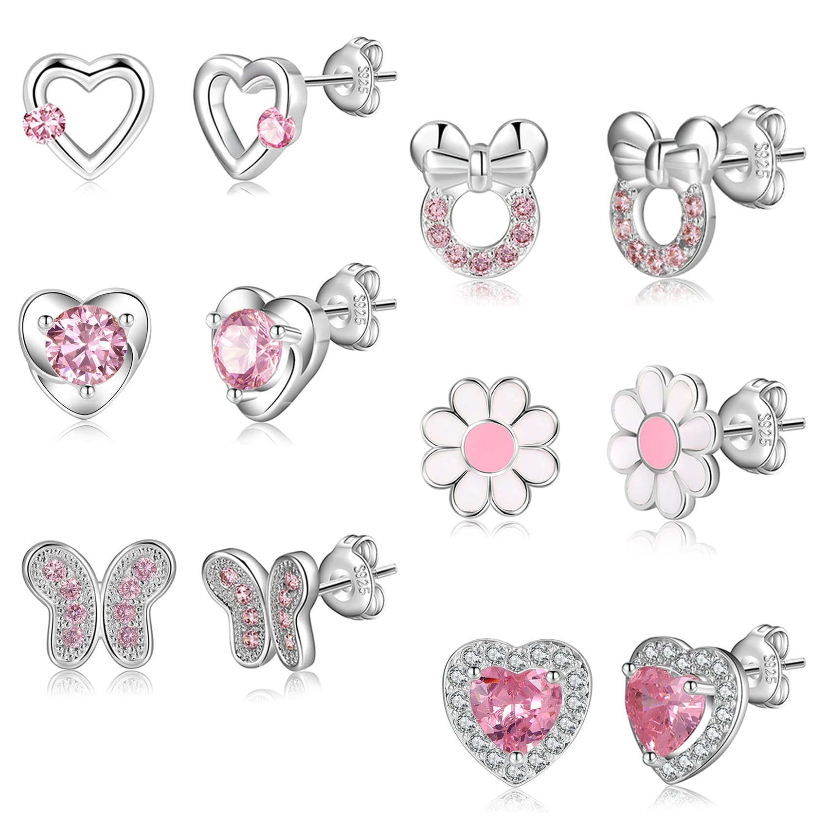 RANKEEF aretes de plata de ley 925 para niñas y mujeres, aretes hipoalergénicos, aretes de aro de, bola de, mariposa, margarita, juegos de aretes para adolescentes y niños pequeños, Plata de ley