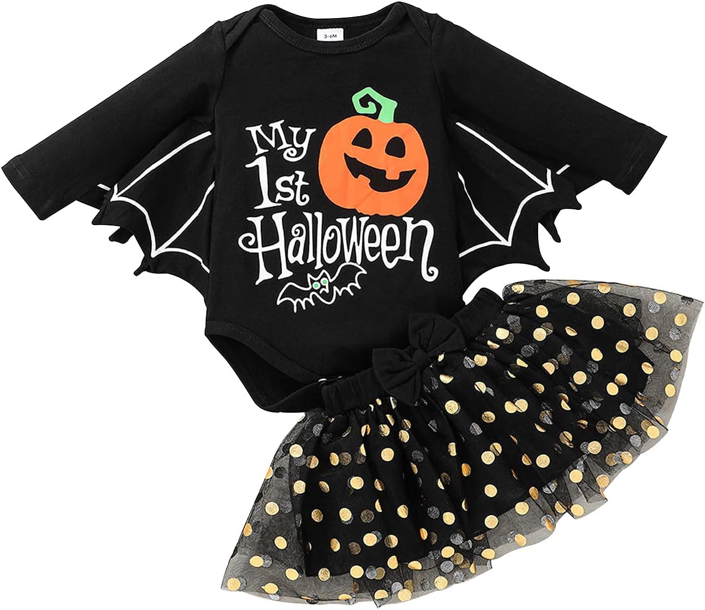 millenniums Halloween Baby Girl Outfit My First Halloween Pumpkin Clothing Set Toddler Infant Girl Halloween Baby Costume Bat Romper Dot Tulle Tutu Skirt Halloween Outfits Cosplay Costume