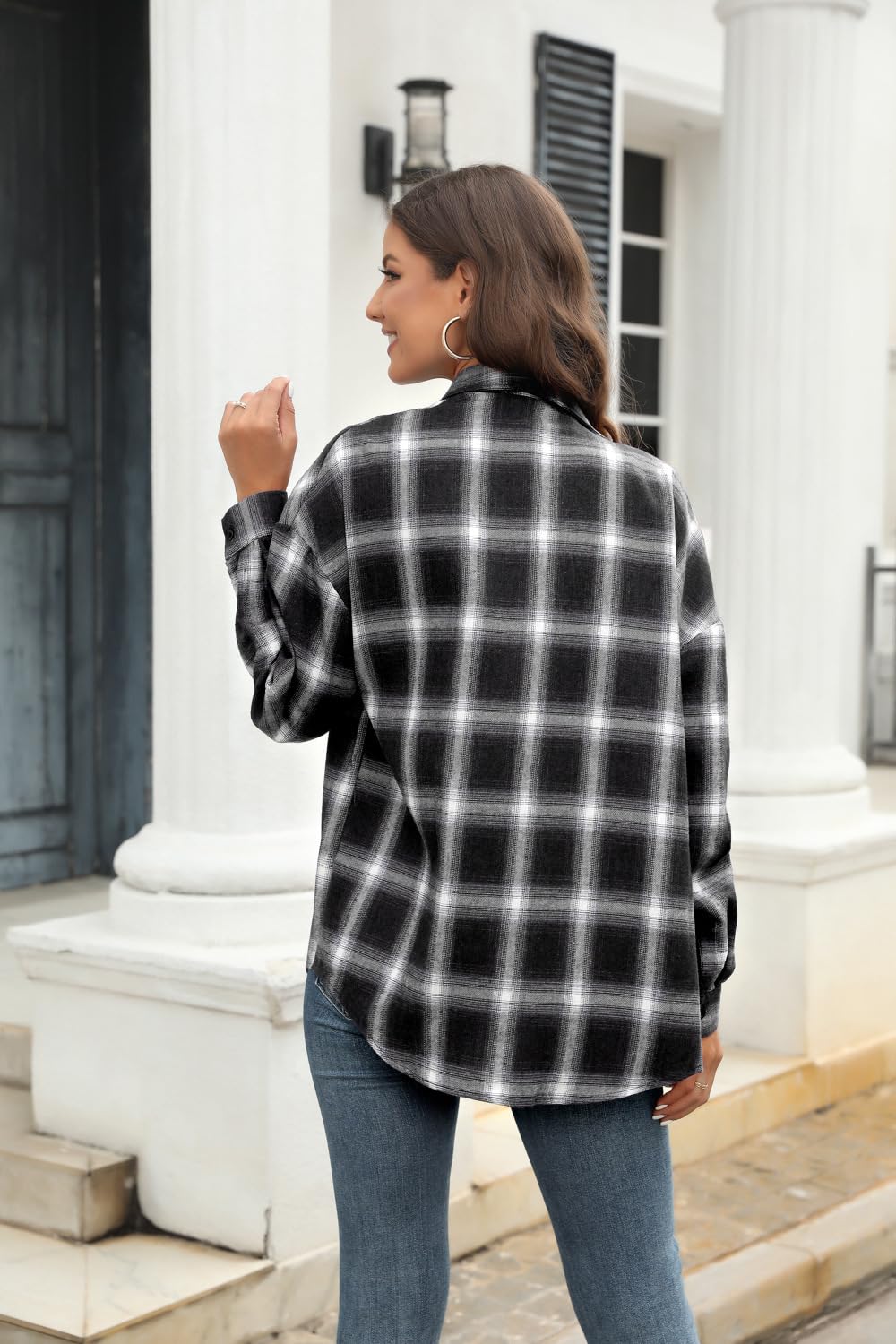 TEMKIN Blusa Camisa De Botón A Cuadros De La Moda De Mujeres-Negro-SG