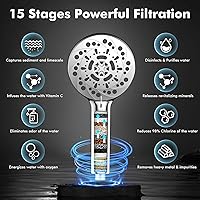 Vista 7 de Cabezal de ducha filtrado con mano, alta presión, 5 modos de pulverización, cabezal de ducha con manguera, soporte y 15 etapas de suavizante