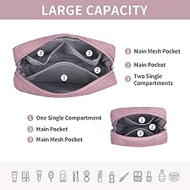 MAGEFY Small Makeup Bag for Purse Mini Cosmetics Bag Corduroy Cute Cosmetic Pouch for Women with Slip-in Pockets (Pink)