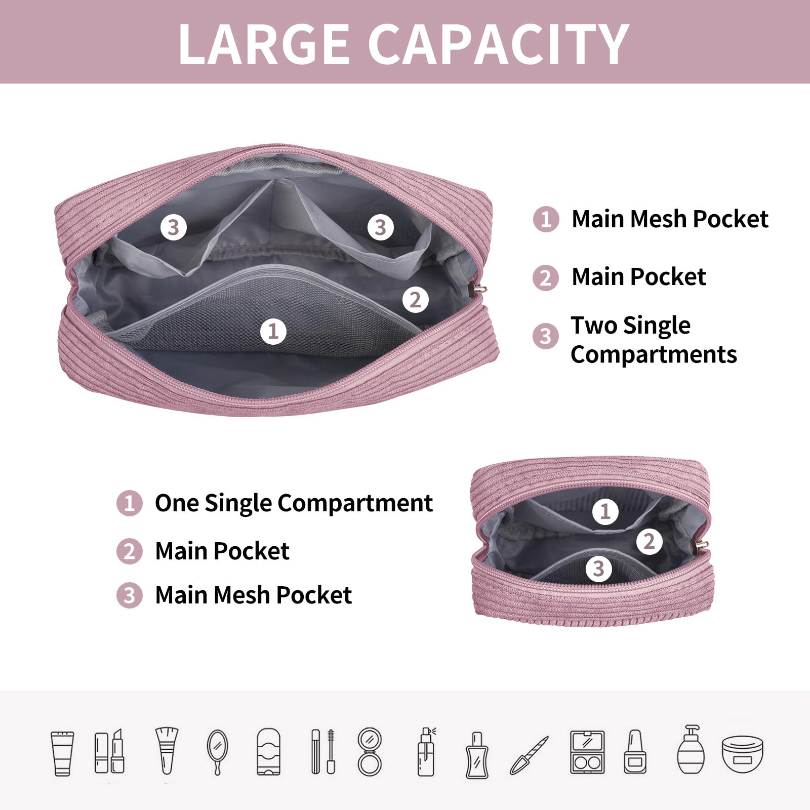 Makeup Bag MAGEFY 2 Pcs Small Makeup Bag for Handbag Corduroy Make up Bag with Compartments Travel Makeup Pouch for Women (Pink) - Image 2